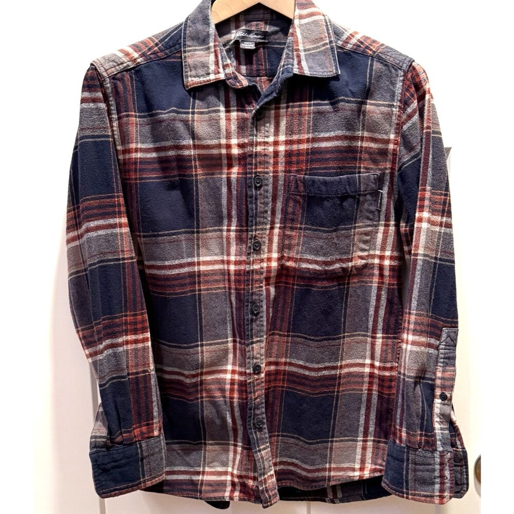 EDDIE BAUER Flannel Shirt Men's Medium Plaid Button Up 100% Cotton Navy Burgundy